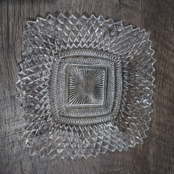 Clear Depression Glass Diamond Cut Candy Dish Candle Holder Sawtooth Edges Set 3 - Picture 9 of 12